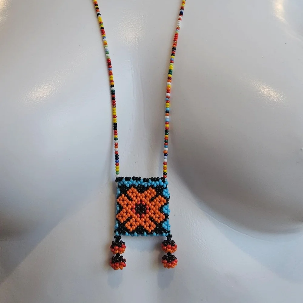 NWT - Colorful Handmade Beaded Necklace with Floral Medicine Pouch